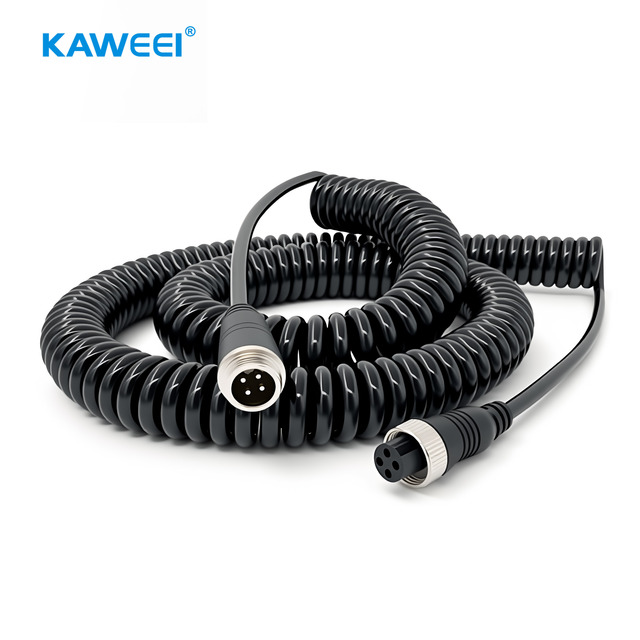 Custom 4 Pin Heavy Duty Copper Spring Cable M12 Aviation Male Female Connector PVC Insulation for 12V/24V Truck Backup Camera