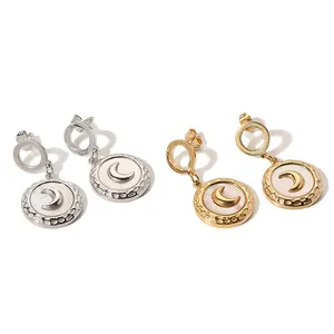 Shell Moon Disc Dangle Earrings Stainless Steel Trendy for Women High Quality Tarnish Free White Opp Bag Gold Hoop Earrings WY