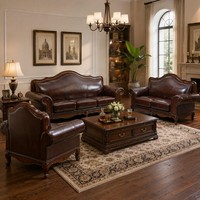 Ensemble de canapés vintage en cuir véritable marron durable 1, 2 et 3 places pour la maison, la villa, l'hôtel, la réception, le salon