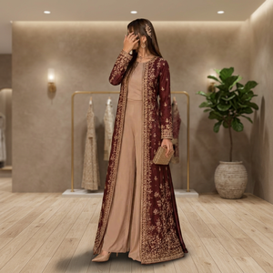 Traditional Embroidered Maroon <b>Shawl</b> Floral Pattern Women <b>Wedding</b> Engagement Wear India Pakistan Style Chiffon Rayon Jersey - Product Image 3