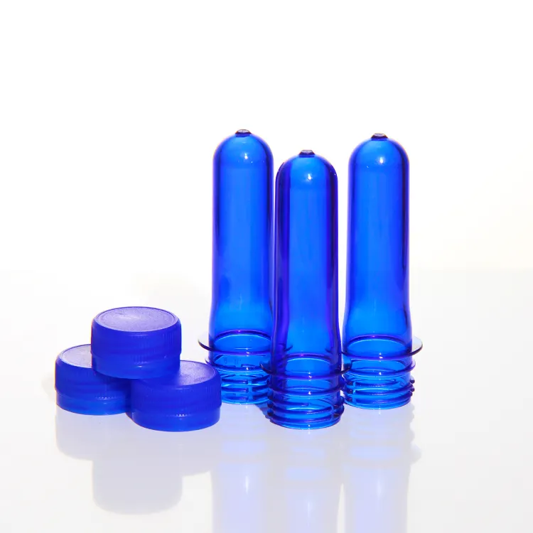 Biểu tượng tùy chỉnh 28 30 38 Mét màu xanh nước giải khát/chai nước pet chai phôi với nhựa vít có nắp đậy
