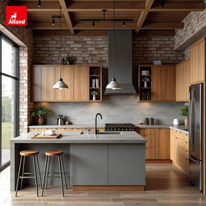 Alland Supplier China Furniture Modular Eco-Friendly Light Grey Waterproof Rustic Design Full Set Kitchen Cabinet Dining Island - Product Image 1