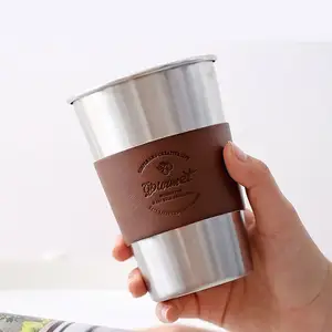 새로운 제품 휴대용 스테인레스 스틸 여행 커피 컵 마시는 물 병 가죽 컵 커버