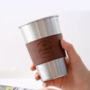 Produk Baru Botol Air Minum Cangkir Kopi Perjalanan Baja Tahan Karat Portabel dengan Penutup Cangkir Kulit