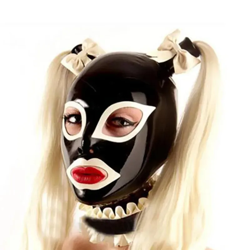 Seksi lateks el yapımı kadın davlumbaz iki kırmızı Tress peruk saç fetiş maske Heroine başlık