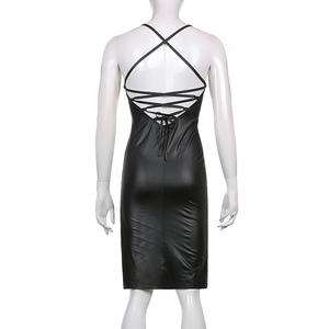 JL436 Abito Nero in Ecopelle con Lacci Elegante per Feste Estive e Club Notturni <span class=keywords><strong>Abbigliamento</strong></span> Donna 2022 - Product Image 4