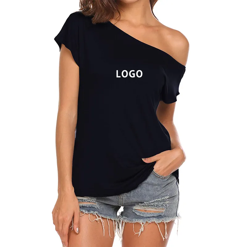 Women short Sleeve Boat Neck Off Shoulder Blouse Tops Short Sleeve T-Shirt Custom Womens Casual Summer printing logo