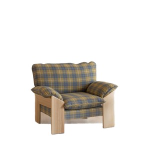 Fauteuil Chandigarh en bois massif, tissu bleu à carreaux, pour salon, maison ou café. - Product Image 5