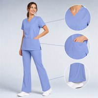 Seragam Kerja Medis Wanita, Set Scrub Custom, Celana Flare, Kerah V, Kantong Dada, Lengan Pendek, Bahan Lembut dan Stretchable, Seragam Perawat