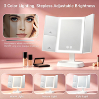 Miroir de maquillage LED à trois volets avec strass, grossissement 5X 7X, rechargeable, avec base de rangement