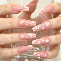 Ongles en forme de cercueil roses personnalisés, style V-French et motif floral, service OEM/ODM, support de marque privée