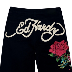 Pantalon en jean ample taille mi-haute brodé de fleurs rétro avec motifs crâne et rose, coupe large délavée pour le style Hip Hop Street - Product Image 5