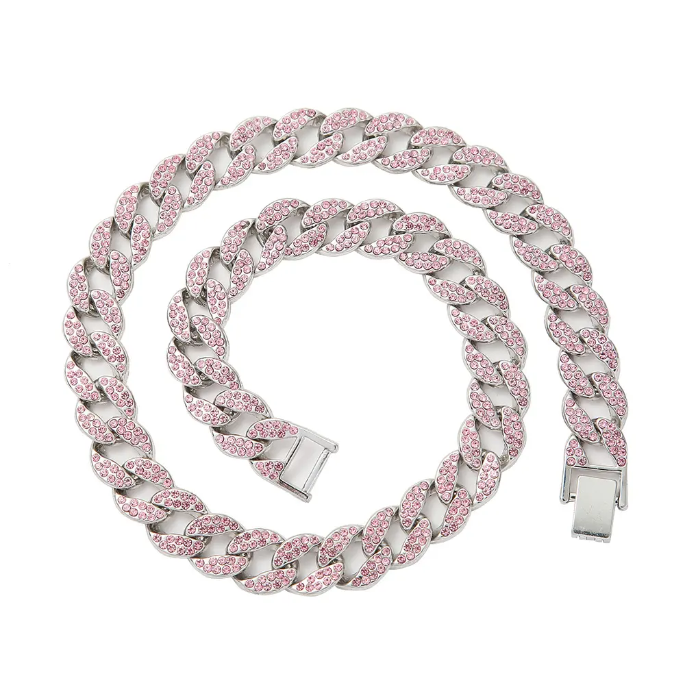 15MM pink diamonds cuban chain necklace hip hop rhinestone choker collar de cadena cubana de diamantes rosas