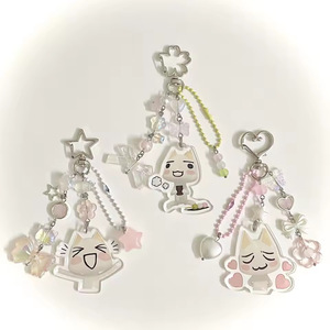 Collier de perles et porte-clés en alliage, style pastoral japonais, motif chat blanc Hatchi Wali de dessin animé, rose doux, motif cœur-fleur - Product Image 6