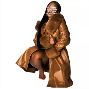 Kış kadın sıcak tutmak PU Patchwork Midi palto artı boyutu moda kürk yaka uzun kollu eski stil katı fermuar paltolar s-5XL