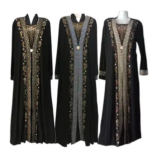 批发时尚设计长袖漂亮钻石穆斯林女性伊斯兰连衣裙开衫黑色Abaya