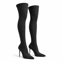 Bottes hautes noires extensibles sur mesure pour femmes, talon aiguille de 12 cm, bout pointu, chaussures de mode OEM, fournisseur chinois en gros