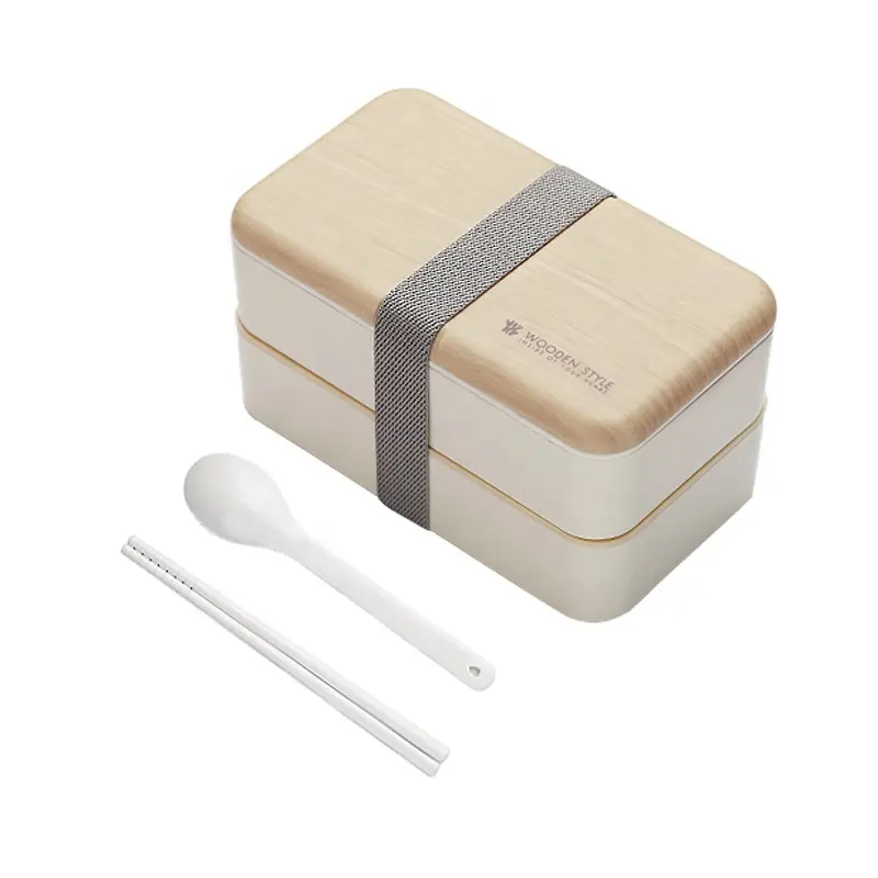 Premium Wood Bamboo Lids Microwave Safe Plastic 2 Tiers Japanese Lunch Box Bento With Cutlery Set