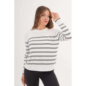 Wholesale <b>Vintage</b> Style Crew Neck Striped Knit <b>Sweater</b> for Women White Long Length Button Decoration Casual for Autumn Beach - Product Image 5