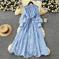 Robe longue d'été pour femme, style défilé, brodée de dentelle florale, manches lanterne, ceintures élégantes, vintage, pour soirée, style français, Vestidos