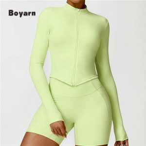 Boyarn femmes sans couture respirant léger Yoga sport veste col montant fermeture éclair manches formation tenue Jogging haut de gymnastique - Product Image 3