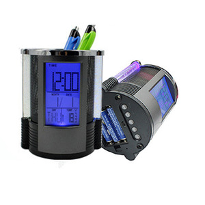 Haonan Office Supplies Store Pen Holder Electronic Clock Round Metal Mesh Calendar Temperature Display Desk Storage Gift - Product Image 3