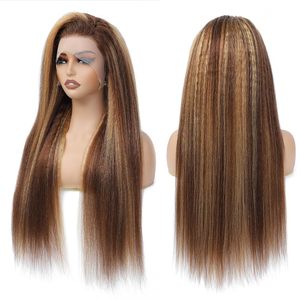 Highlight <span class=keywords><strong>Ombre</strong></span> Kinky Straight 13x4 HD Perruques frontales en dentelle Yaki pré-plumées <span class=keywords><strong>Cheveux</strong></span> humains pour femmes noires P427 Couleur blonde miel - Product Image 1