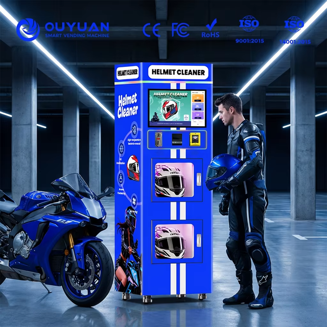 Commercial Automated Motorcycle Helmet Cleaning Vending Machine Thermal/Vapor Ozone/UVC Disinfection SDK Cloud-Based Management