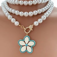 Kalung Mutiara 3 Lapis TK-C621 untuk Wanita, Liontin Bunga Turquoise, Kalung Elegan untuk Liburan dan Pernikahan