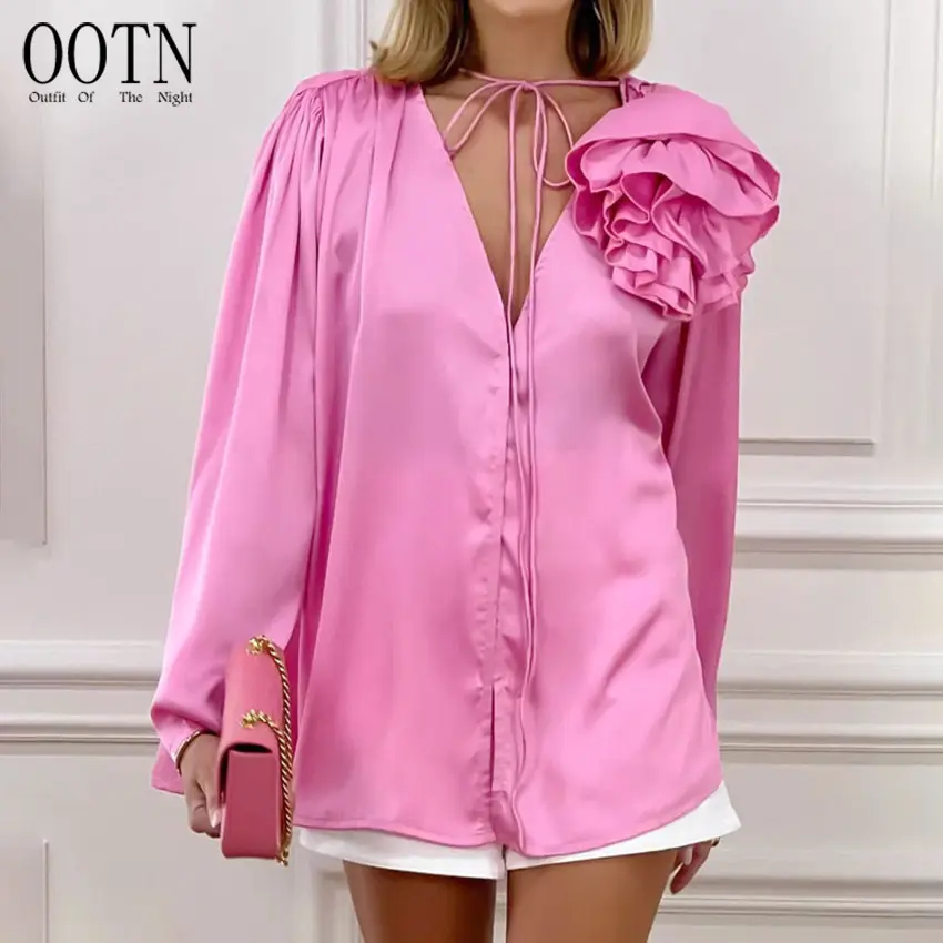 OOTN Sexy Pleated Flowers Party Loose Blouses Tops Women 2022 Elegant V-Neck Lace-Up Satin Blouses Vintage Pink Floral Shirts