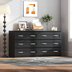 Modern Black Wood Side <b>Cabinet</b> with 6 Drawers Metal Handles Adjustable Height Storage Organizer for Hotel Living Room Bedroom - Product Image 1