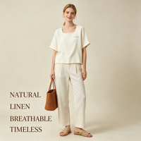 T-shirt à col carré en mélange coton-lin, coupe décontractée, manches courtes, pour femme, fabrication OEM ODM, vente en gros