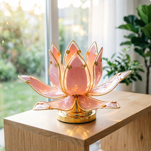 Lampe de table en verre rose en forme de lotus de 25 cm, avec cadre en métal doré, lampe d'ambiance LED, ornement de bureau pour la maison, l'hôtel, le mariage - Product Image 4