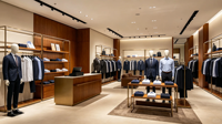 Présentoir Commercial de Luxe pour Vêtements, Cadre Doré, Bois MDF Noyer, Présentoir Complet pour Magasin de Vêtements pour Hommes