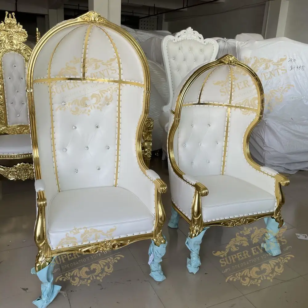 OEM זהב לבן חתן וכלה כיסא מלכות סלון מלון לובי כיסא כיסא מלכות כיסא עם כיסוי ראש לחתונות יוקרה
