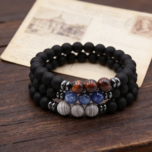 Nouveau bracelet à breloques 3 yeux de tigre, perles de verre noires de 8 mm, style tendance pour homme - Product Image 3