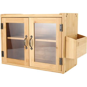 Boîte à pain double couche en bambou et bois Xingzhu avec porte en verre 41,3 cm, support de rangement de cuisine pour couteaux, fourchettes et ustensiles - Product Image 4