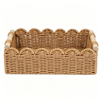 Petit panier rectangulaire en corde de papier tressé marron avec poignée en bois, léger, pour la maison et le bureau