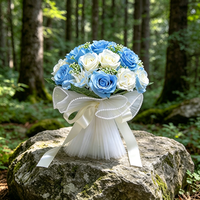 MEORY Buket Pengantin Mawar Sutra Buatan Tangan Berwarna Biru Putih Besar Desain Romantis dan Menawan untuk Pernikahan dan Pesta