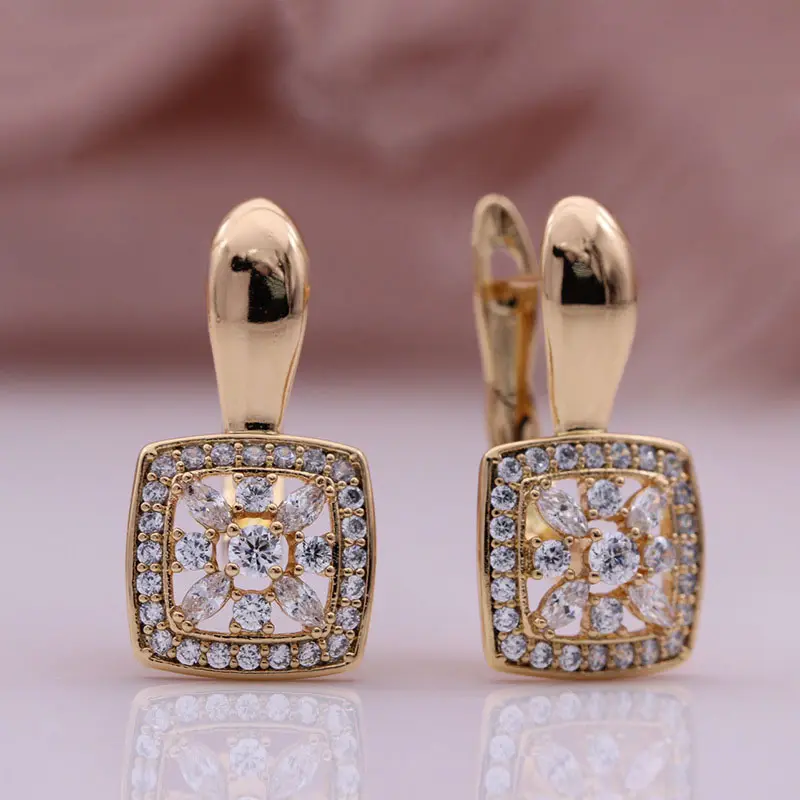 2022 Ladies Fashion Cute Bohemian 585 Rose Gold Real Gold Plated Earrings Square Hollow Zircon Earrings