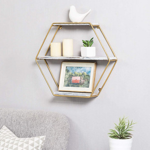 Hexagonal <b>Wall</b> Mounted <b>Shelf</b> 3 Tier Wooden With <b>Gold</b> Frame For Living Room Storage Display - Product Image 2