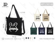 Borsa a Tracolla in Tela con Logo Coniglio, Nera, per Tutte le Stagioni, Borsa da Donna - Product Image 1