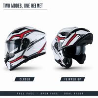 Casque de moto modulaire relevable à double visière (transparente et anti-soleil) avec graphismes blanc brillant, rouge et noir, mentonnière et aérations supérieures et arrière, pour adulte