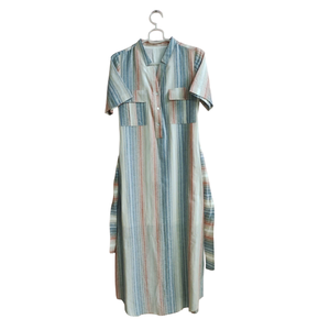 Vestido informal a rayas con botones para mujer, con lazo en la cintura, cómodo vestido de verano con mangas cortas y rayas modernas - Product Image 2