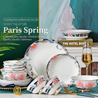 Nouvel ensemble de vaisselle de 20 pièces en porcelaine fine de style européen, luxe léger, motif végétal classique, bord doré (bols, assiettes, plats)