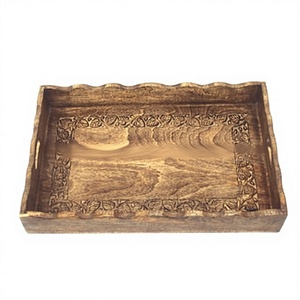 Handmade Sheesham Wood Traditional Floral Design <b>Rectangle</b> Shape Serving Tray with Handles Recyclable Decorative Carrying Tray - Product Image 1