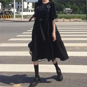 Rétro petite robe noire à manches courtes 2021 été longue section était mince tempérament à la mode costume jupe robe tout match - Product Image 4
