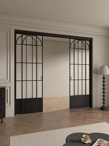 Cloison de salon à 4 panneaux, porte coulissante en aluminium, grille cintrée, cadre fin, verre cannelé, porte intérieure pour appartement moderne - Product Image 6