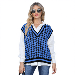 Débardeur en tricot <span class=keywords><strong>sans</strong></span> manches décontracté à col en V en acrylique 100% respirant à motif <span class=keywords><strong>pied</strong></span>-<span class=keywords><strong>de</strong></span>-<span class=keywords><strong>poule</strong></span> pour femmes personnalisé pour l'hiver - Product Image 4