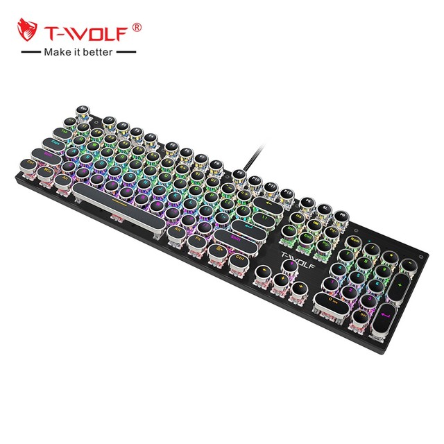 T-WOLF T75 104Keys Gaming Mechanical Keyboard Punk Round Keycap Gaming Keyboards Mechanical Keyboard Set RGB Backlit Metal Panel